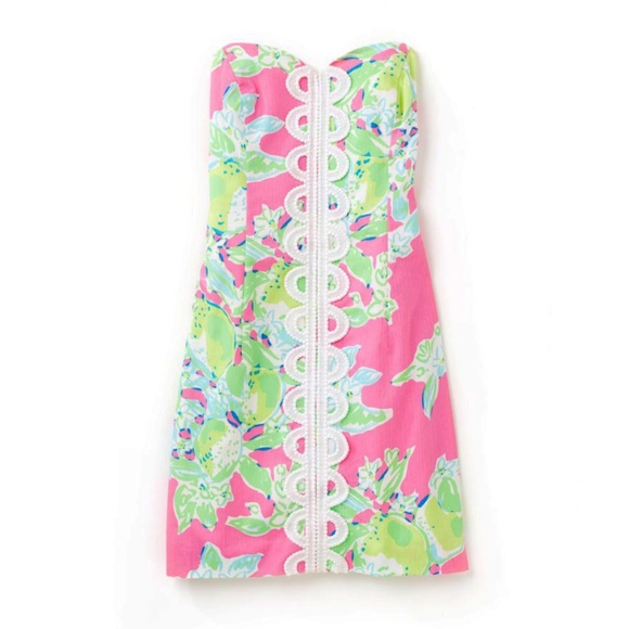 Lilly Pulitzer Pink Lemonade Print Strapless  Lace Trim Dress Size 2 - Picture 1 of 10